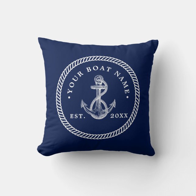 Nautical Anchor & Rope Boat Name Navy Blue & White Cushion (Front)