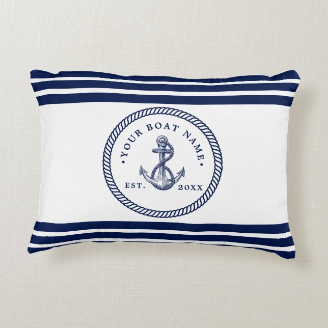 Nautical Anchor & Rope Boat Name Navy Blue & White Decorative Cushion (Back)