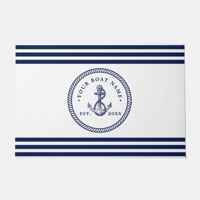 Nautical Anchor & Rope Boat Name Navy Blue & White Doormat (Front)