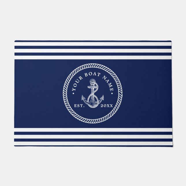 Nautical Anchor & Rope Boat Name Navy Blue & White Doormat (Front)