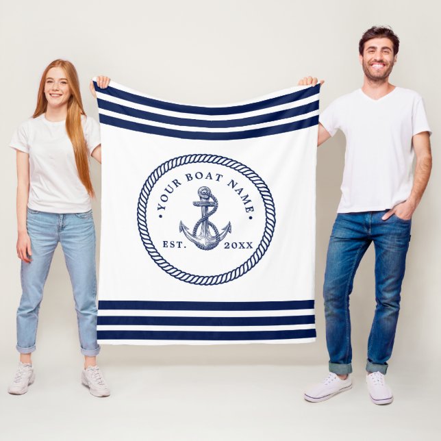 Nautical Anchor & Rope Boat Name Navy Blue & White Fleece Blanket (In Situ)
