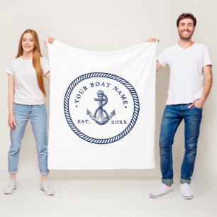 Nautical Anchor & Rope Boat Name Navy Blue & White Fleece Blanket