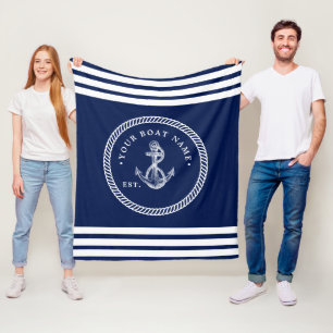 Nautical Anchor & Rope Boat Name Navy Blue & White Fleece Blanket