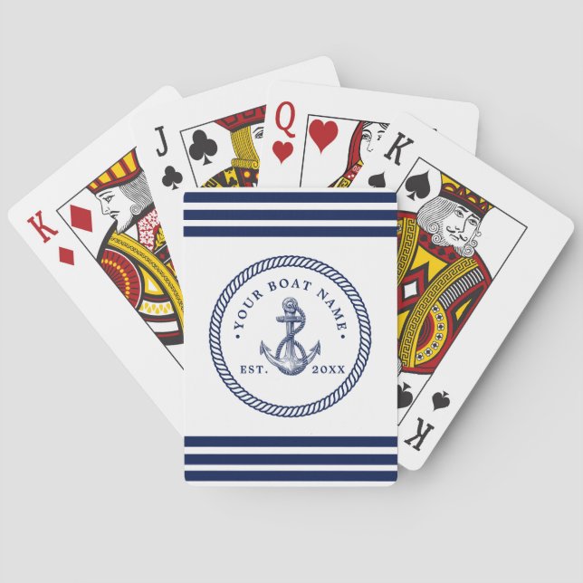 Nautical Anchor & Rope Boat Name Navy Blue & White Playing Cards (Back)