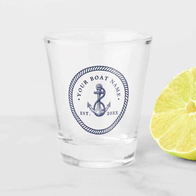Nautical Anchor & Rope Boat Name Navy Blue & White Shot Glass (Front)