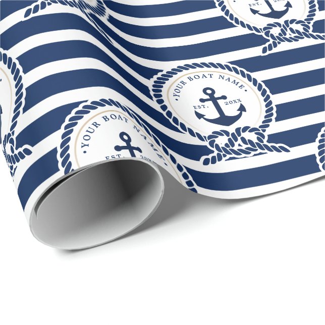 Nautical Anchor & Rope Boat Name Navy Blue & White Wrapping Paper (Roll Corner)