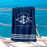 Nautical Anchor Rope Boat Name Welcome Aboard Navy Beach Towel<br><div class="desc">This nautical themed beach towel features “Welcome Aboard” with your custom boat name and registry, and has an anchor entwined with rope in the centre, and stripes at the top and bottom with a rope for the centre stripe. If you would like other colorways or more matching products, please contact...</div>