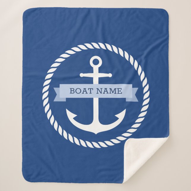 Nautical anchor rope border boat name on banner sherpa blanket (Front)