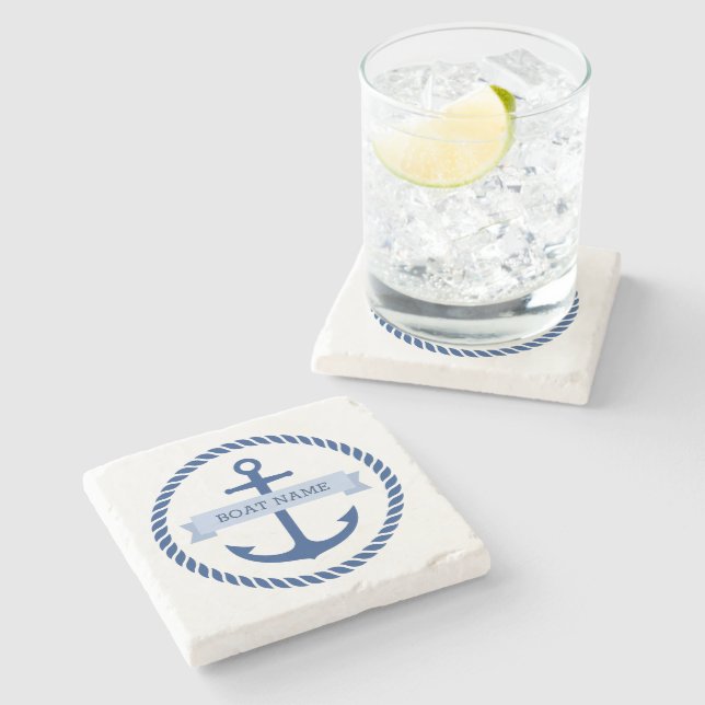 Nautical anchor rope border boat name on banner stone coaster (Side)