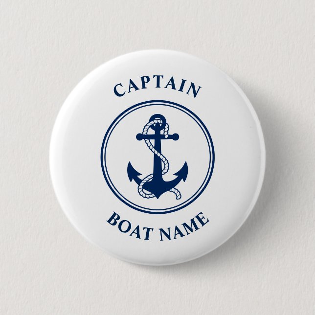 Nautical Anchor Rope Captain Boat Name Navy Blue 6 Cm Round Badge (Front)