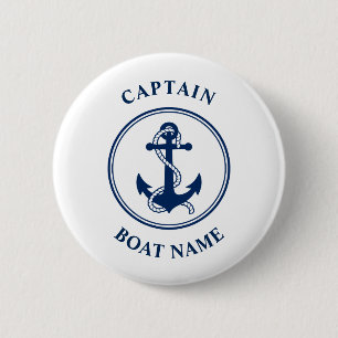 Nautical Anchor Rope Captain Boat Name Navy Blue 6 Cm Round Badge