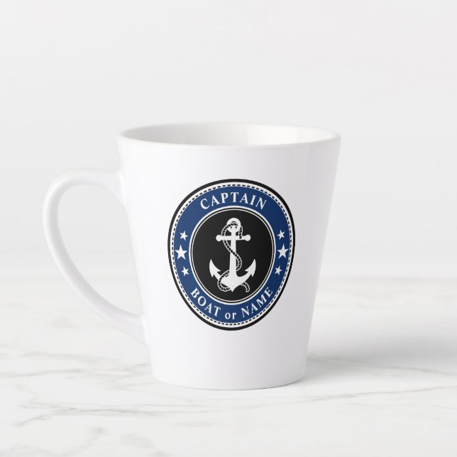 Nautical Anchor Rope Captain Boat or Name Navy Latte Mug (Left)