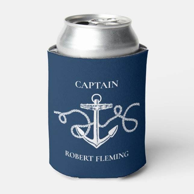 Nautical Anchor Rope Captain Name Personalised Can Cooler (Can Front)