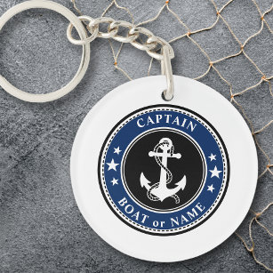 Nautical Anchor & Rope Captain or Boat Name Navy Key Ring