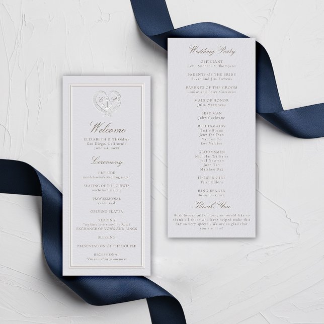 Nautical Anchor Rope Crest Classic Wedding Program (nautical wedding program classic formal traditional frame faux embossed anchor crest monograms)