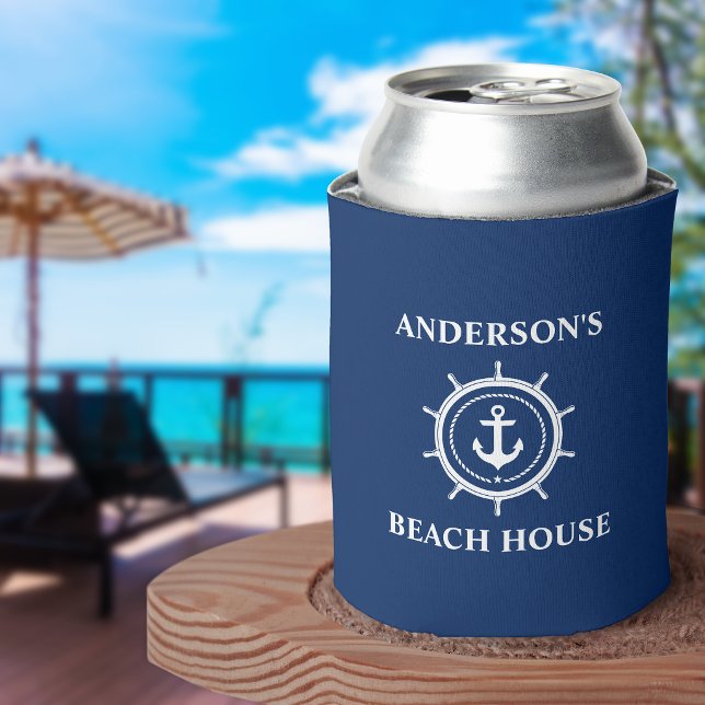 Nautical Anchor Rope Helm Navy Blue Beach House Can Cooler (Customize to change text size or text style.)