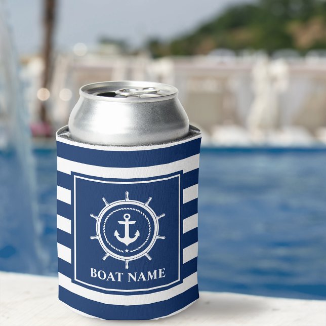 Nautical Anchor Rope Helm Striped Boat Name Can Cooler (Customize to change text size or text style.)