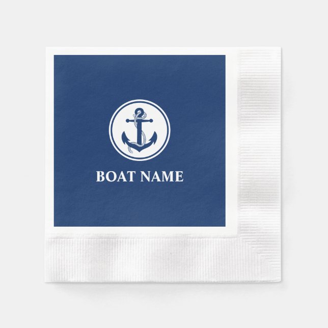Nautical Anchor Rope Navy Blue Boat Name Napkin (Front)