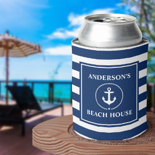 Nautical Anchor Rope Navy Blue Striped Beach House Can Cooler