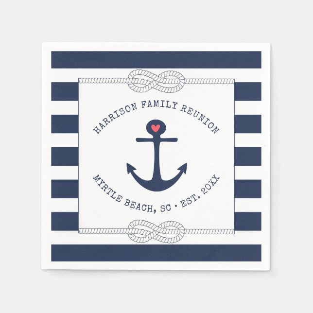 Nautical Anchor Rope Navy Blue Striped Reunion Napkin (Front)