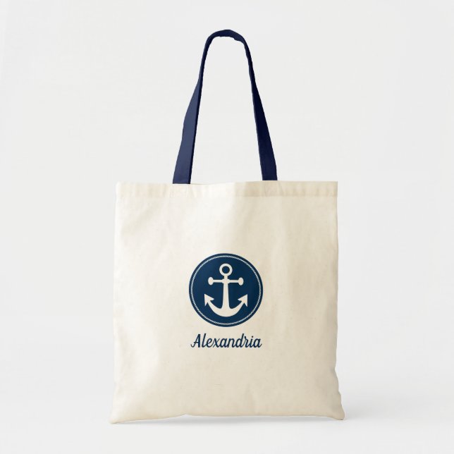 Nautical Anchor Rope Navy Blue White Custom Tote Bag (Front)