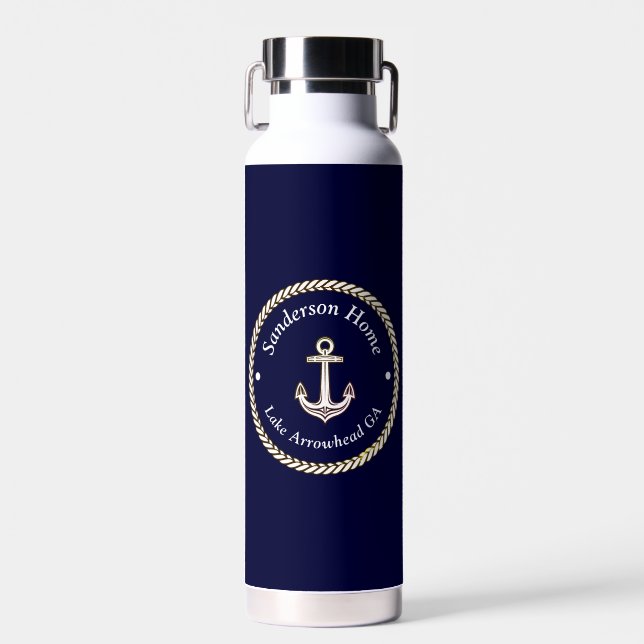 Nautical Anchor Rope Navy Blue White Monogram Name Water Bottle (Front)