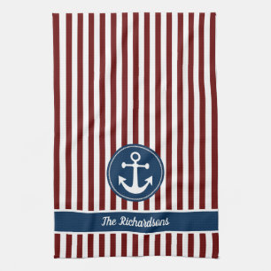 Nautical Anchor Rope Navy Red White Stripes Custom Tea Towel