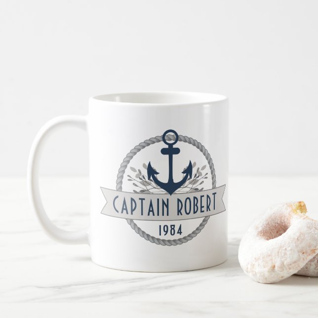 Nautical Anchor & Rope Personalised Logo Coffee Mug (With Donut)