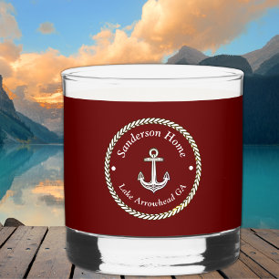 Nautical Anchor Rope Red White Blue Monogram Name Whiskey Glass