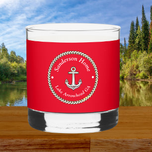 Nautical Anchor Rope Red White Blue Monogram Name Whiskey Glass