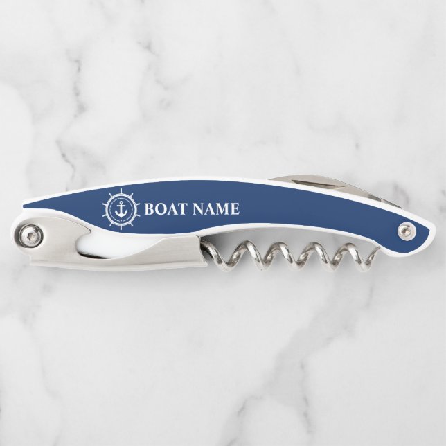 Nautical Anchor Rope Star Helm Boat Name Navy Blue Corkscrew (Front)