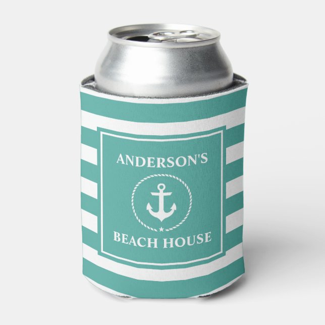 Nautical Anchor Rope Striped Beach House Can Cooler (Can Front)