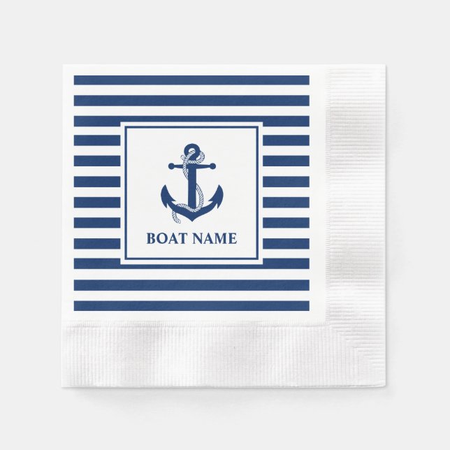 Nautical Anchor Rope Striped Boat Name Cocktail Napkin (Front)