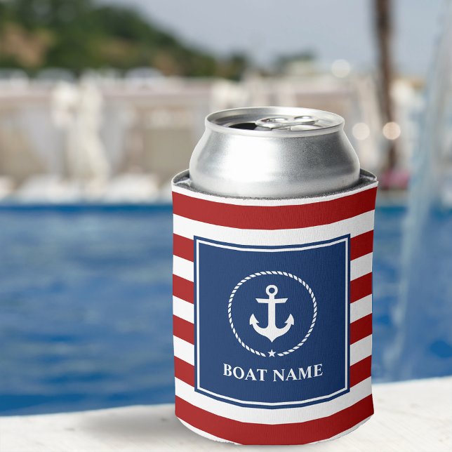 Nautical Anchor Rope Striped Boat Name RWB Can Cooler (Customize to change text size or text style.)