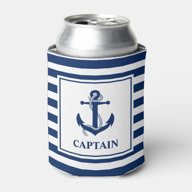Nautical Anchor Rope Striped Captain Can Cooler (Can Front)