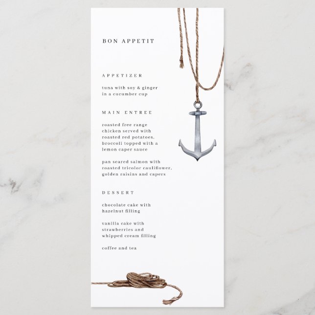Nautical Anchor Rope Wedding Menu (Front)