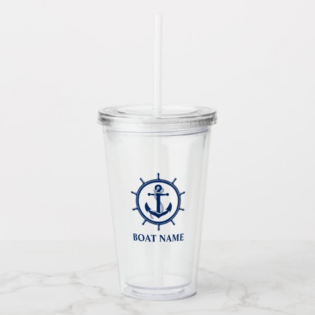 Nautical Anchor Rope Wheel Boat Name Acrylic Tumbler (Front)