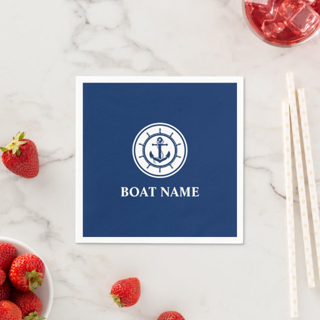 Nautical Anchor Rope Wheel Boat Name Navy Blue Napkin (Insitu)