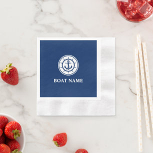 Nautical Anchor Rope Wheel Navy Blue Boat Name Napkin