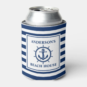 Nautical Anchor Rope Wheel Striped Beach House Can Cooler
