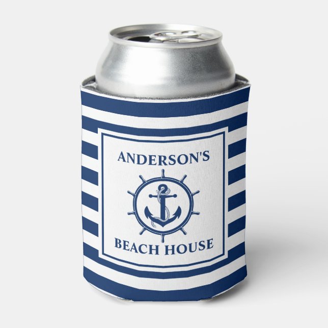 Nautical Anchor Rope Wheel Striped Beach House Can Cooler (Can Front)
