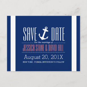 Nautical Anchor Royal Blue Wedding Save the Date Announcement Postcard