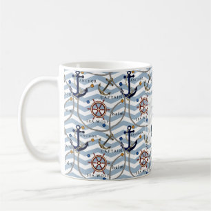 Nautical anchor rudder blue white stripe zigzag coffee mug