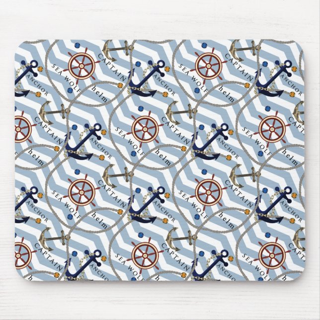 Nautical anchor rudder blue white stripe zigzag mouse mat (Front)