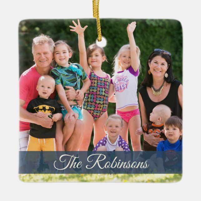 Nautical Anchor Rustic  Blue Holiday Family Photo Ceramic Ornament (Front)