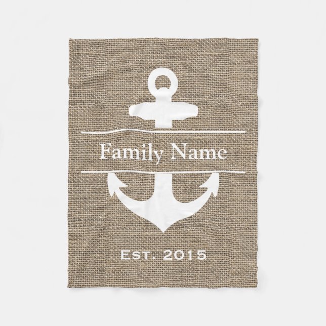 Nautical Anchor Rustic Burlap Family Name Fleece Blanket (Front)