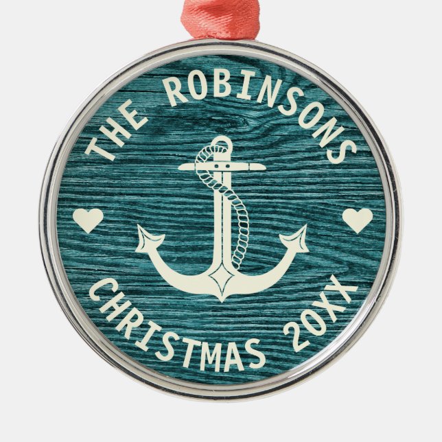 Nautical Anchor Rustic Family Name Christmas Metal Tree Decoration (Front)