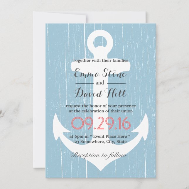 Nautical Anchor Rustic Light Blue Wedding Invitation (Front)