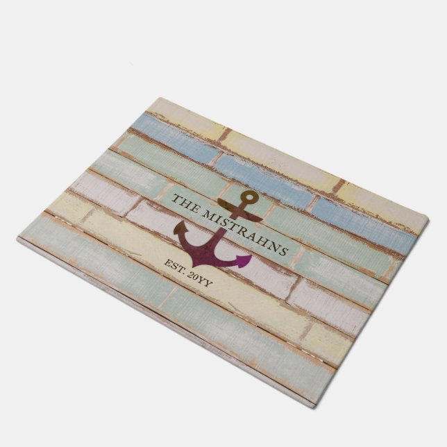 Nautical Anchor Rustic Wood Boat Name Doormat (Angled)