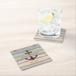 Nautical Anchor Rustic Wood Boat Name Square Paper Coaster